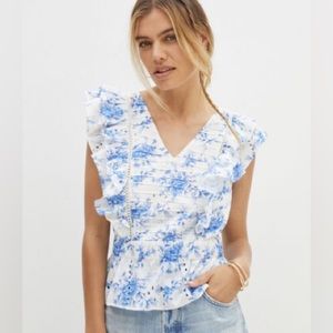 FOREVER THAT GIRL Anthropologie Blue White Floral Ruffled Eyelet Blouse